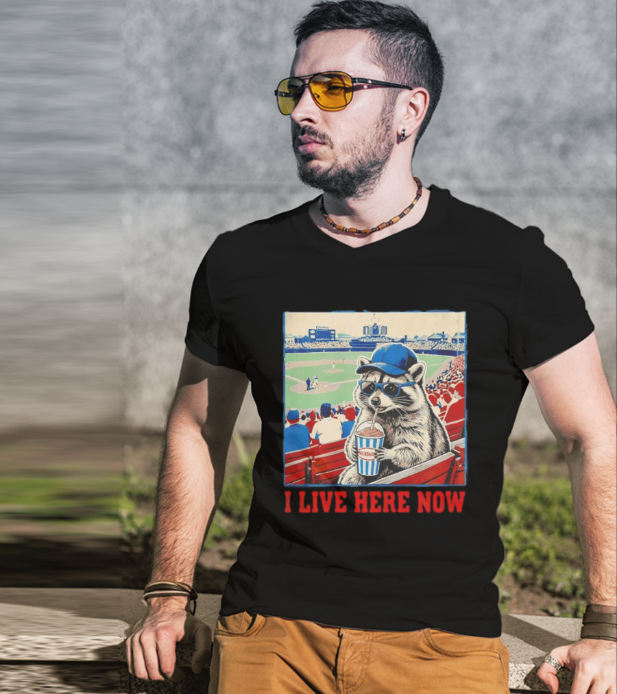 Raccoon Milkshake Baseball Field I Live Here Now T-Shirt