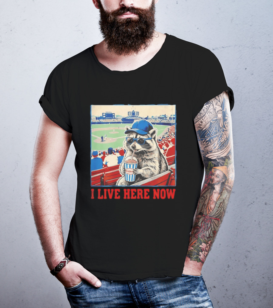 Raccoon Milkshake Baseball Field I Live Here Now T-Shirt