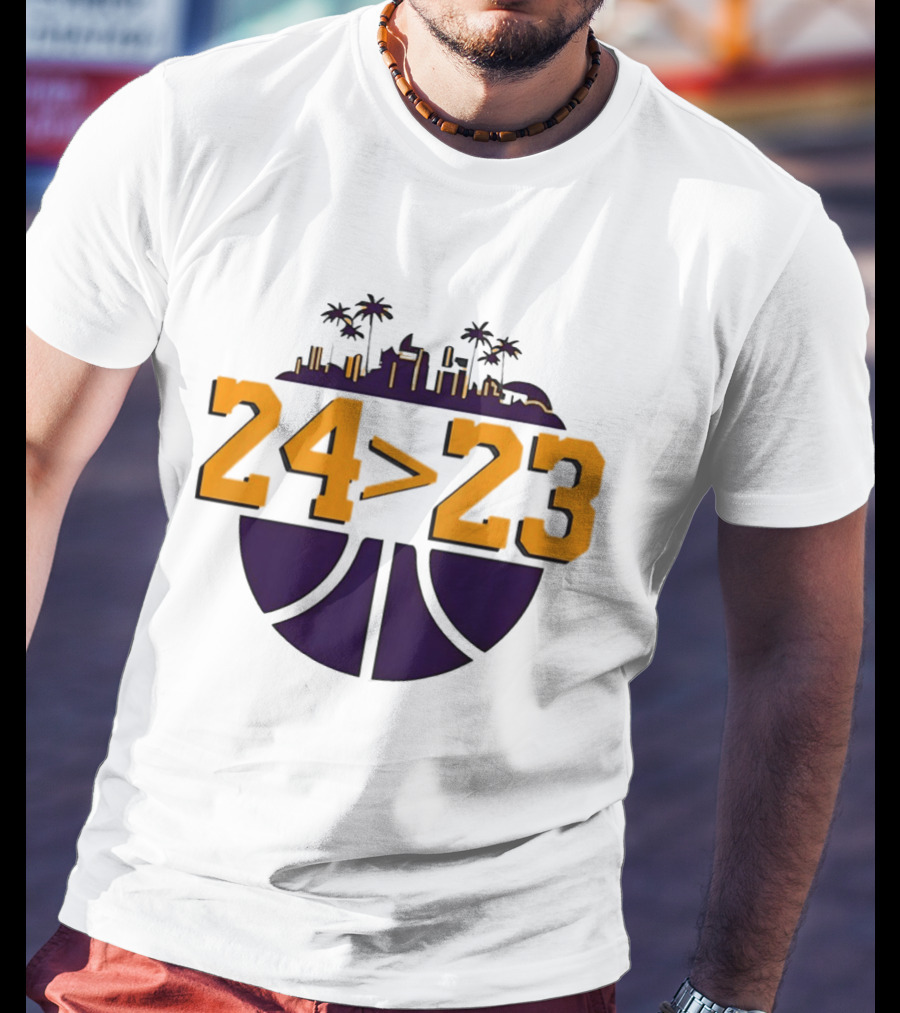 Kobe Bryant LeBron James 24 Greater Than 23 Basketball Skyline T-Shirt