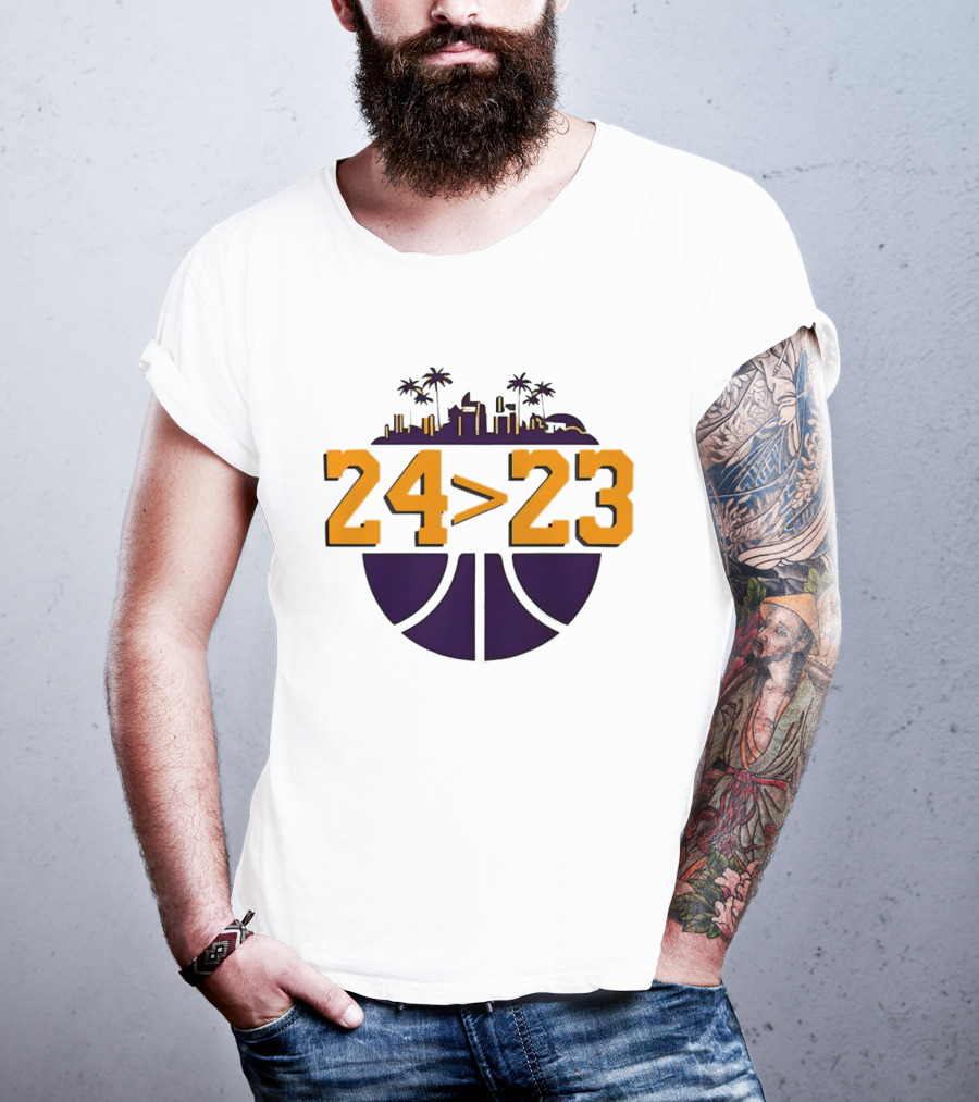 Kobe Bryant LeBron James 24 Greater Than 23 Basketball Skyline T-Shirt