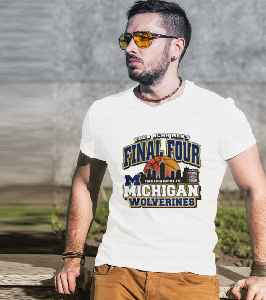 NCAA Men's Final Four 2026 Michigan Wolverines Indianapolis Skyline Basketball T-Shirt