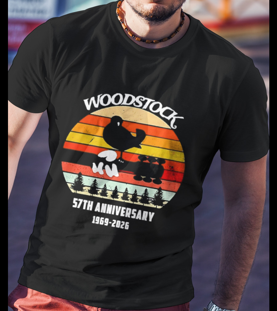 Woodstock 57th Anniversary 1969 2026 Bird Vintage Sunset Stripes T-Shirt