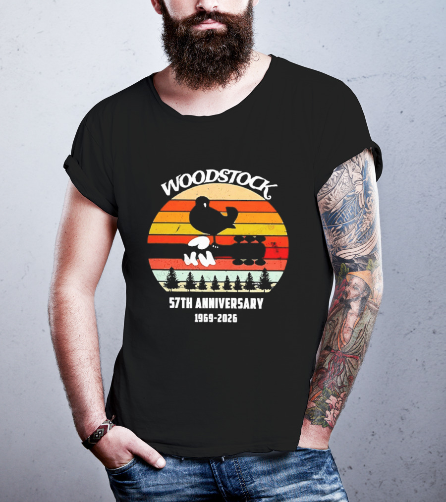 Woodstock 57th Anniversary 1969 2026 Bird Vintage Sunset Stripes T-Shirt