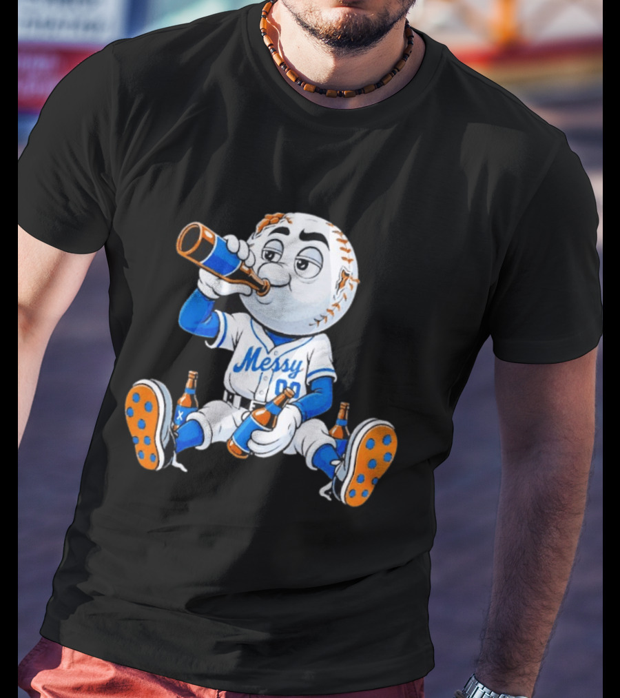 New York Mets Mr. Met Messy Drink Baseball T-Shirt