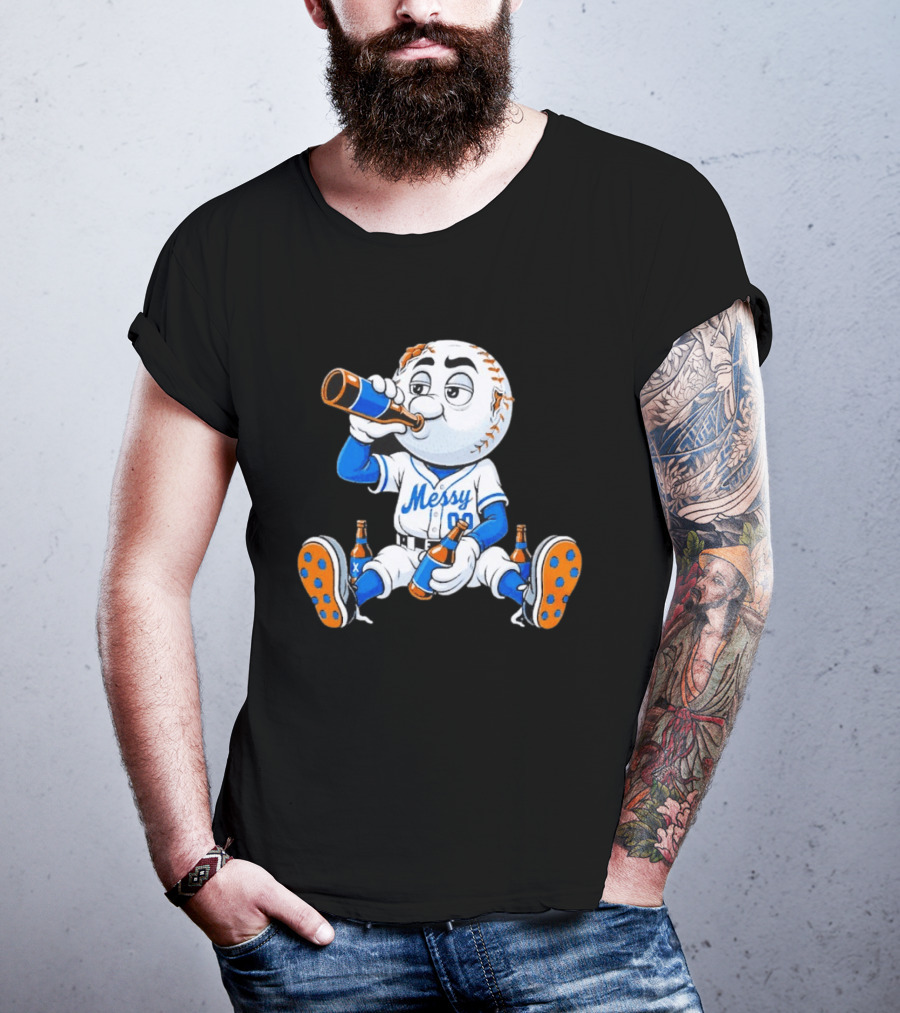 New York Mets Mr. Met Messy Drink Baseball T-Shirt