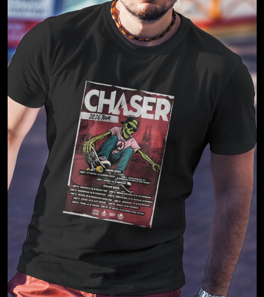 Chaser 2026 Tour Canada Europe Dates Skeleton Skateboarding T-Shirt