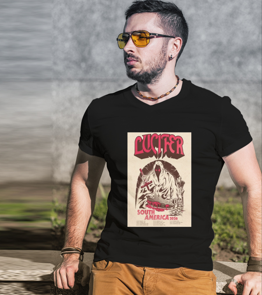 Lucifer South America 2026 Tour Schedule With Hooded Figure And Skulls T-Shirt
