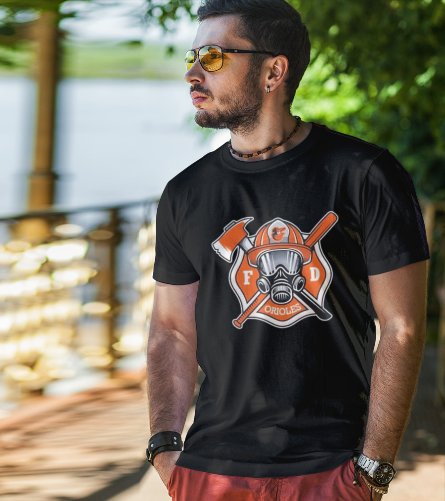 2026 Orioles FD Firefighter Appreciation Mask Helmet Axe Crossed Bat T-Shirt
