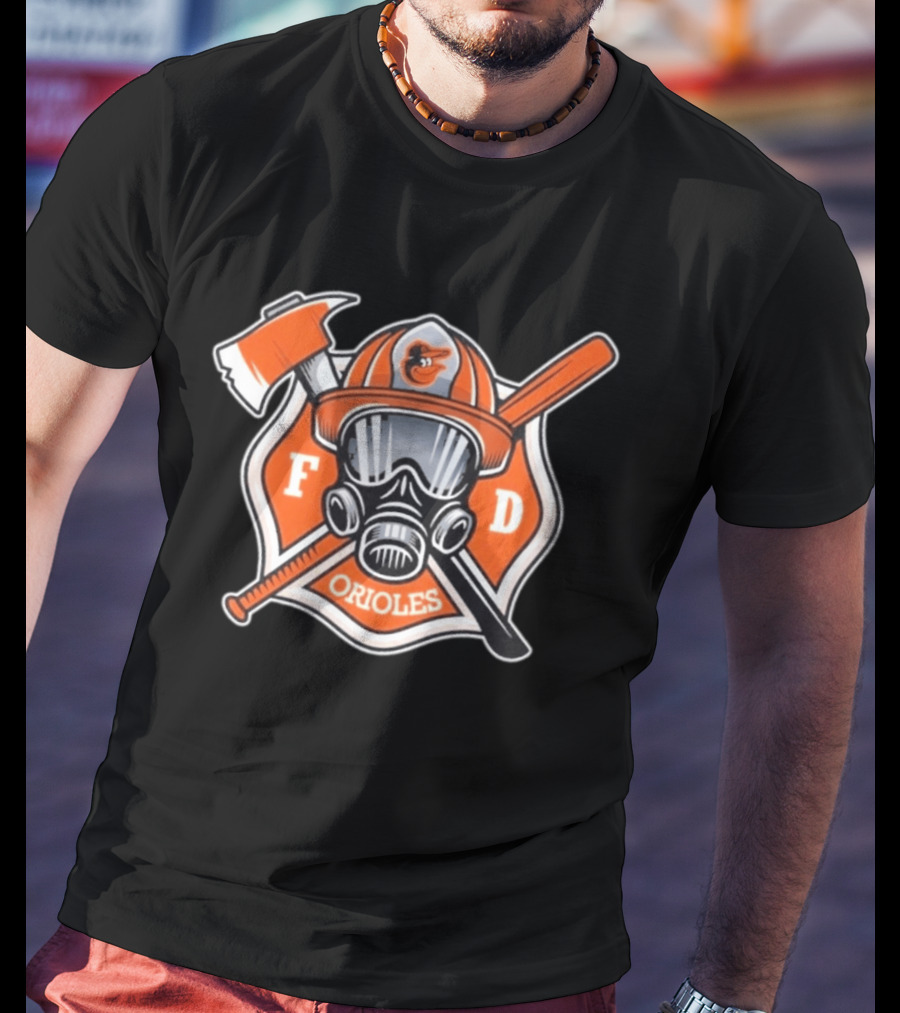 2026 Orioles FD Firefighter Appreciation Mask Helmet Axe Crossed Bat T-Shirt