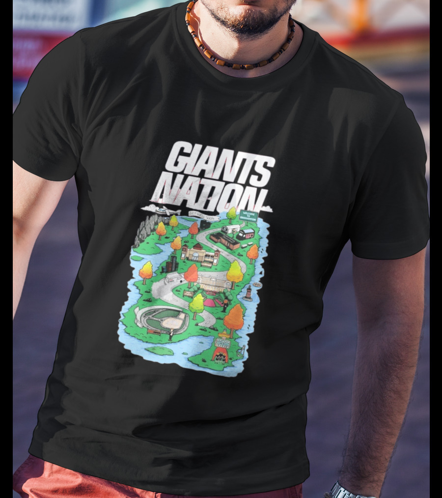 Bobby Skinner Giants Nation Cartoon Landscape Get Well Soon Welcome To Giants Nation Balloon Trees River T-Shirt
