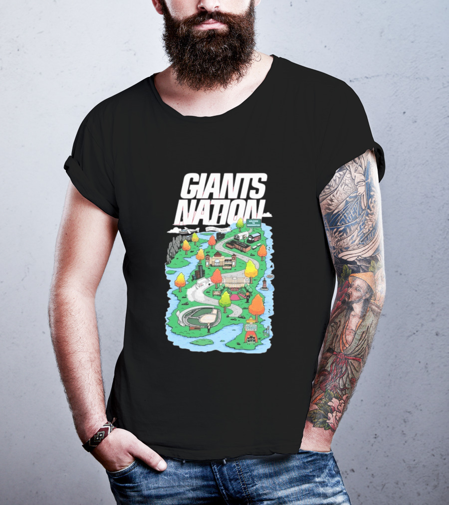 Bobby Skinner Giants Nation Cartoon Landscape Get Well Soon Welcome To Giants Nation Balloon Trees River T-Shirt