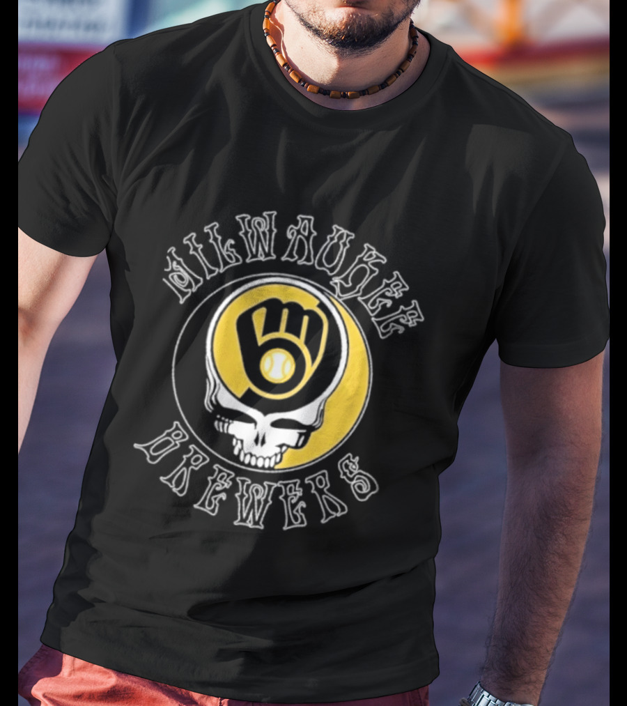 Milwaukee Brewers Skull Baseball Glove Crescent Moon T-Shirt