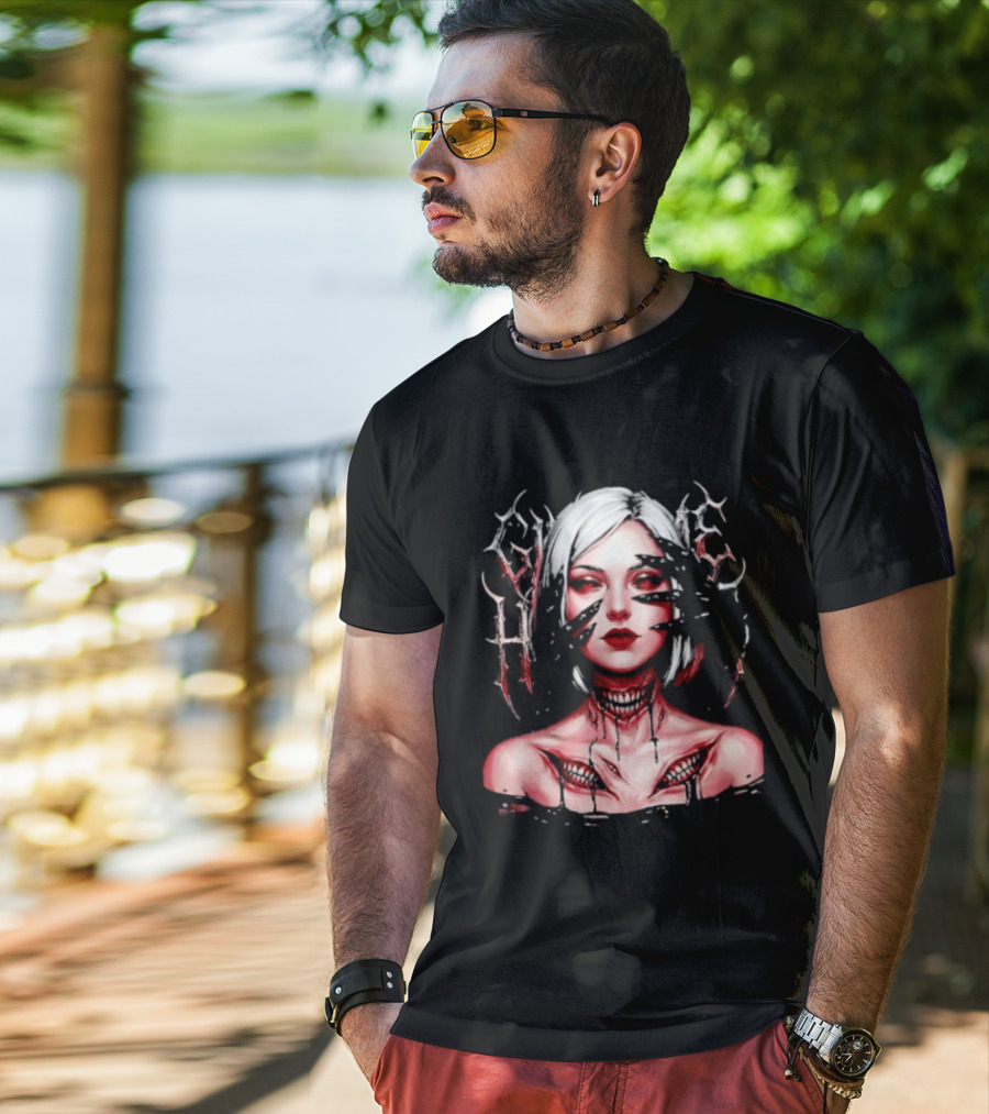 Dark Embrace Washed Creepy Pale Woman Fantasy Eyes T-Shirt