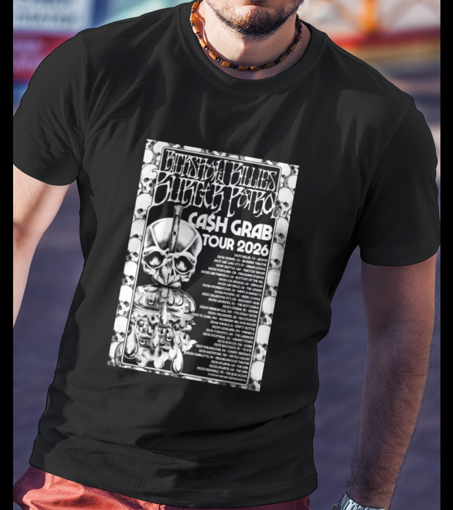 Rickshaw Billies Burger Patrol Cash Grab Tour 2026 Concert Dates Sketched Skull T-Shirt