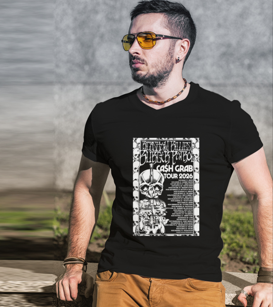 Rickshaw Billies Burger Patrol Cash Grab Tour 2026 Concert Dates Sketched Skull T-Shirt