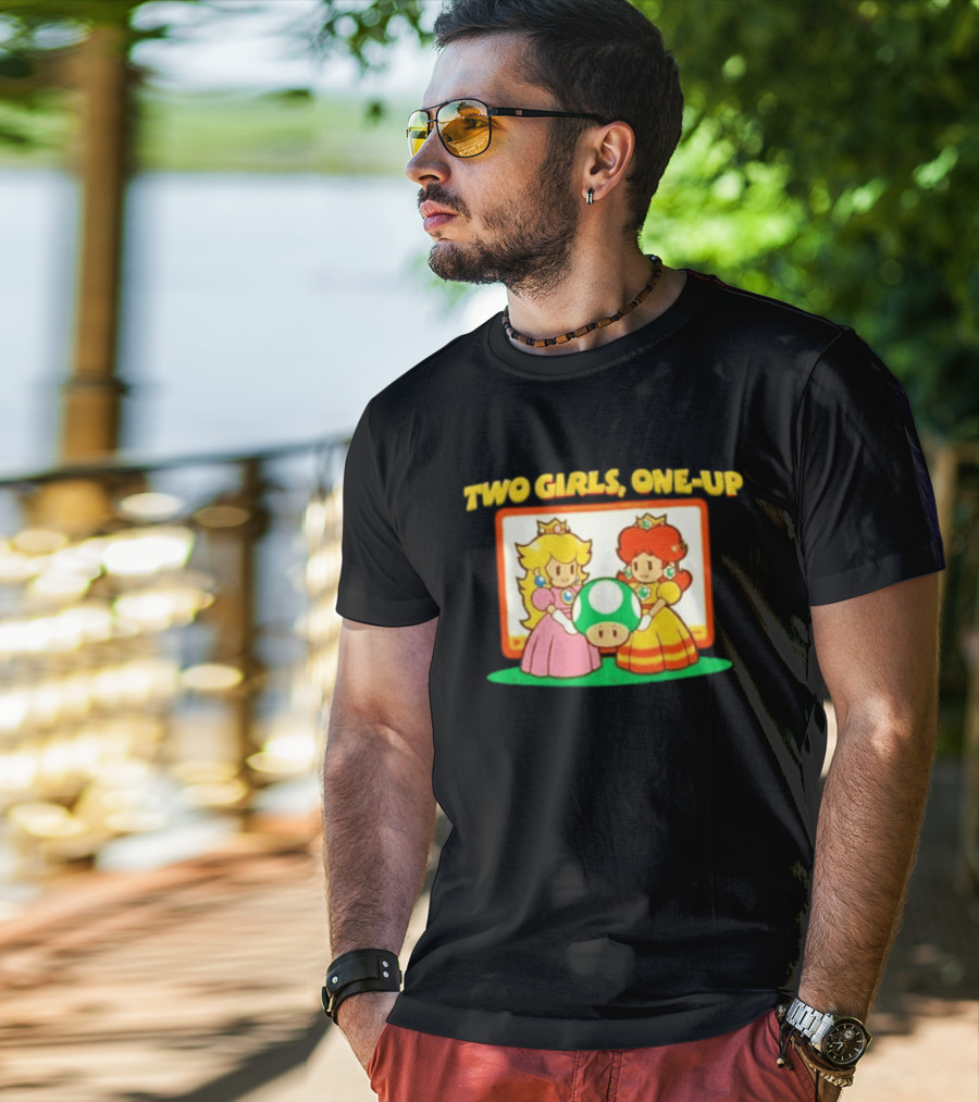 Two Girls One Up Mario Princess Peach Daisy 1 Up Mushroom T-Shirt