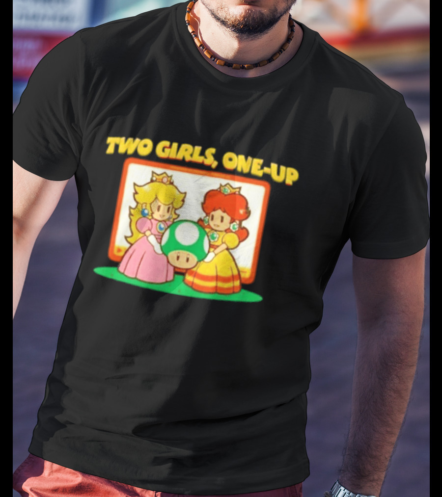 Two Girls One Up Mario Princess Peach Daisy 1 Up Mushroom T-Shirt