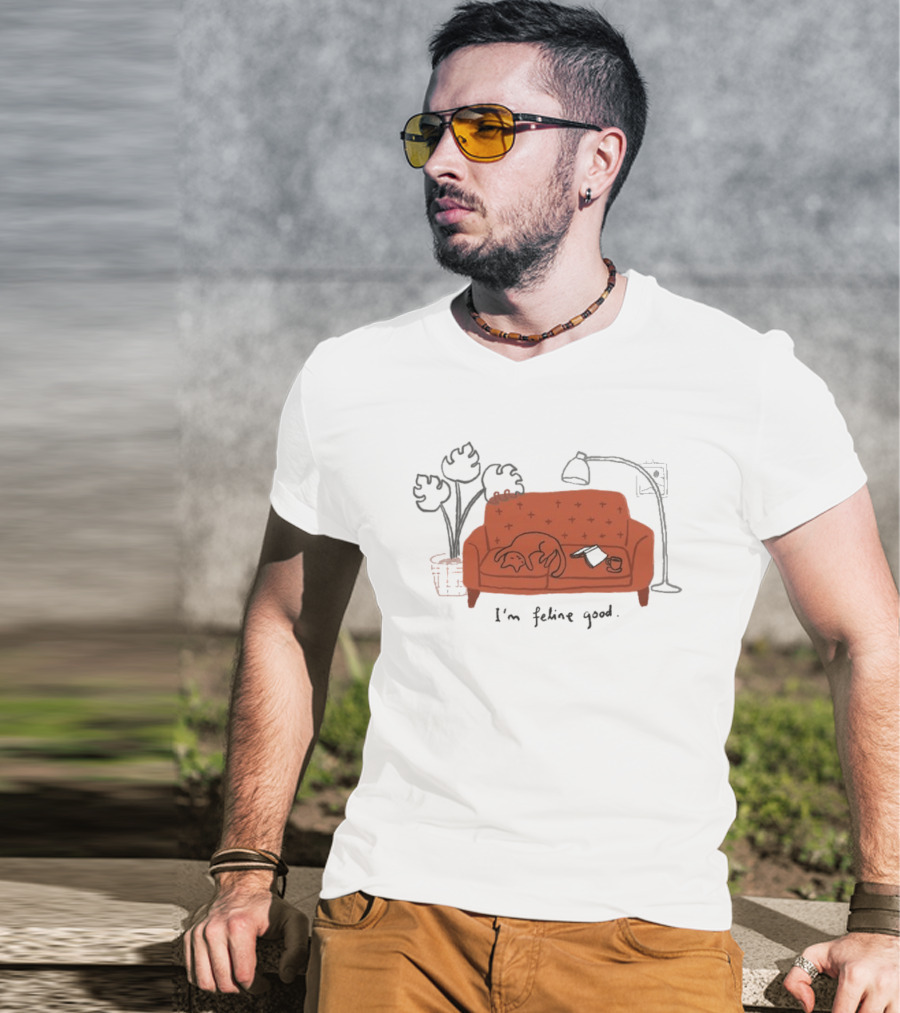 Wituka I'm Feline Good Cat On Couch With Coffee Cup And Lamp T-Shirt