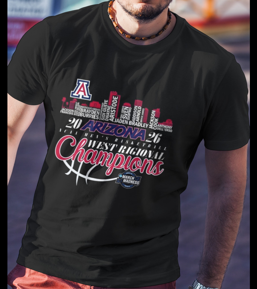 Arizona Wildcats 2026 NCAA Men's Basketball West Regional Champions March Madness Skyline T-Shirt