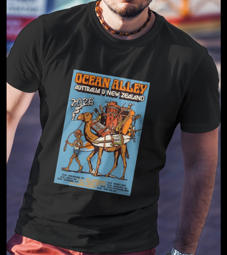 Ocean Alley Australia New Zealand 2026 Tour Dates With Camel And Musical Gear T-Shirt