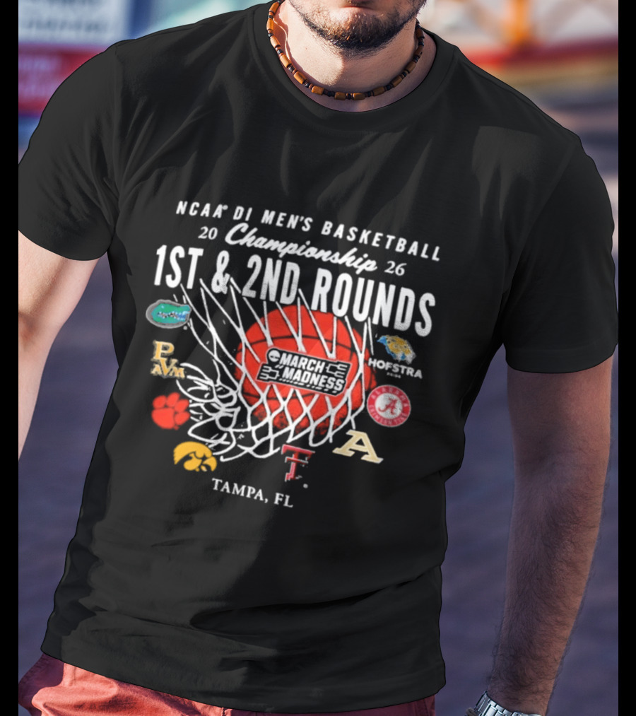 NCAA DI Men's Basketball 2026 Championship 1st 2nd Rounds Tampa FL March Madness Teams Logos T-Shirt