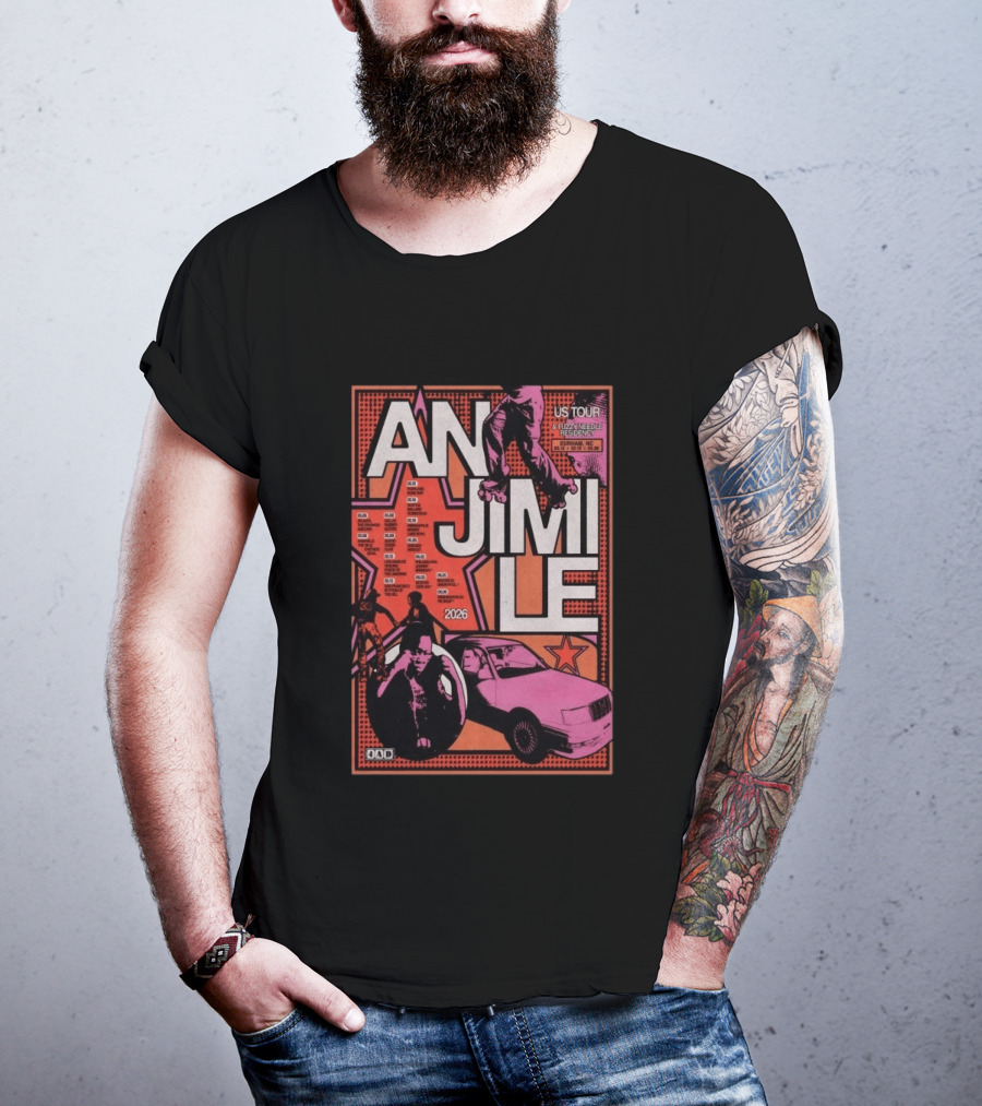 Anjimile 2026 US Tour Fuzz And Needle Residency With Skater And Pink Car T-Shirt