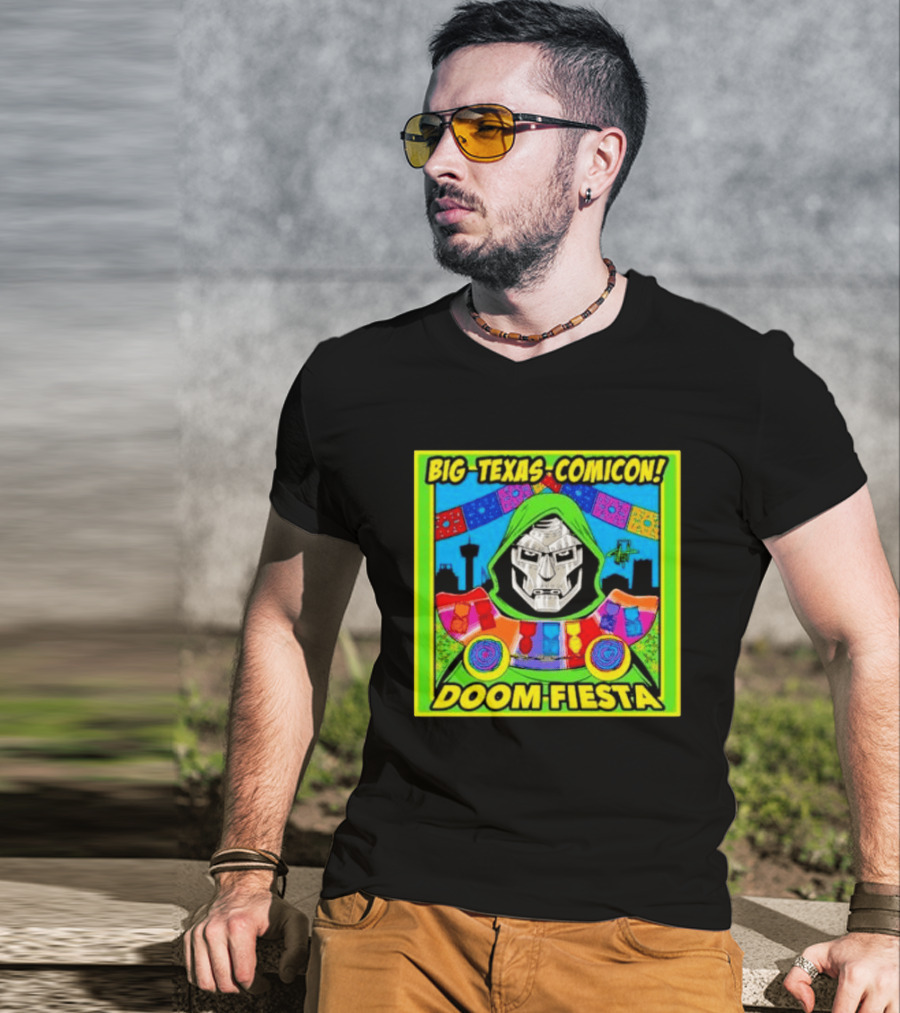 Big Texas Comicon Doom Fiesta Colorful Celebration With Iconic Mask T-Shirt