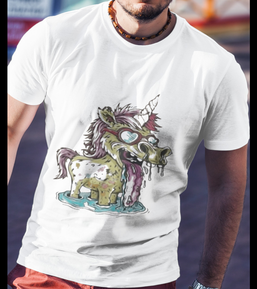 Hills Draws Unicorn With Sunglasses And Tongue Out In White T-Shirt
