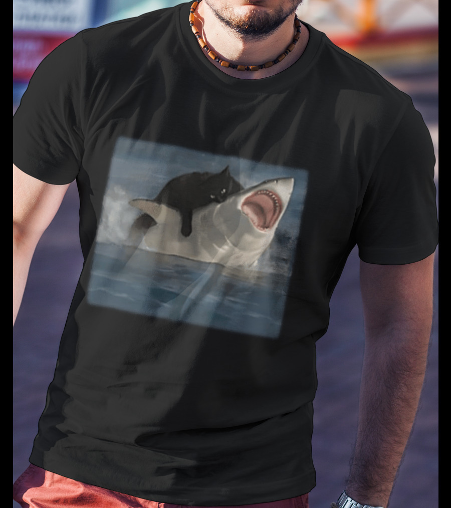 Black Cat Riding On Great White Shark Ocean Adventure T-Shirt