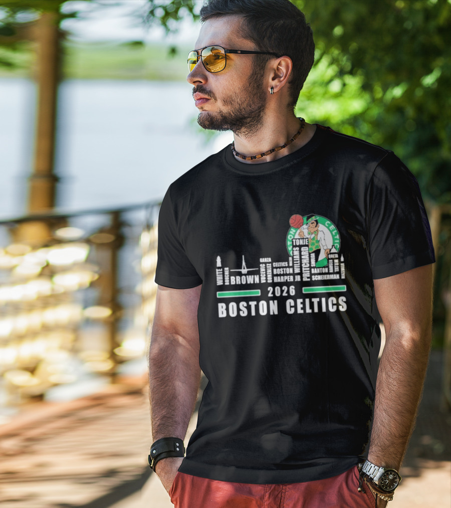 2026 Boston Celtics Brown Tatum Brogdon Porzingis White Smart Hoops Skyline T-Shirt