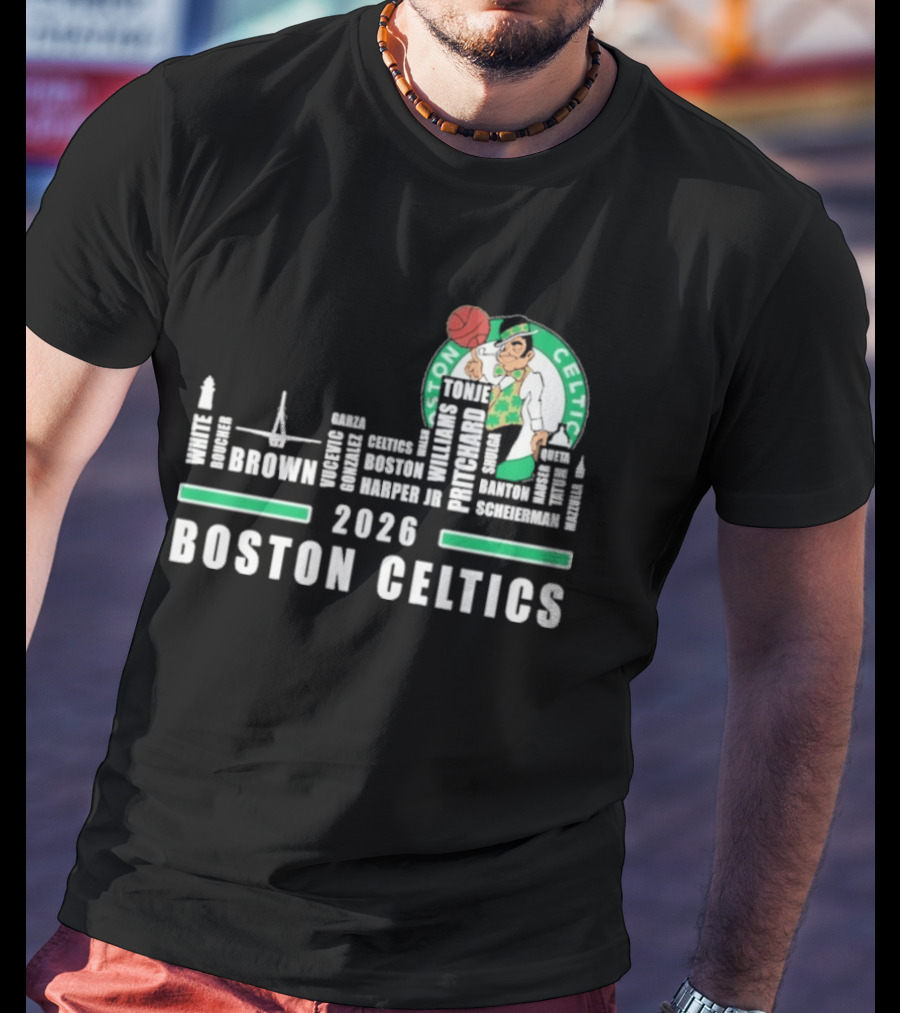 2026 Boston Celtics Brown Tatum Brogdon Porzingis White Smart Hoops Skyline T-Shirt
