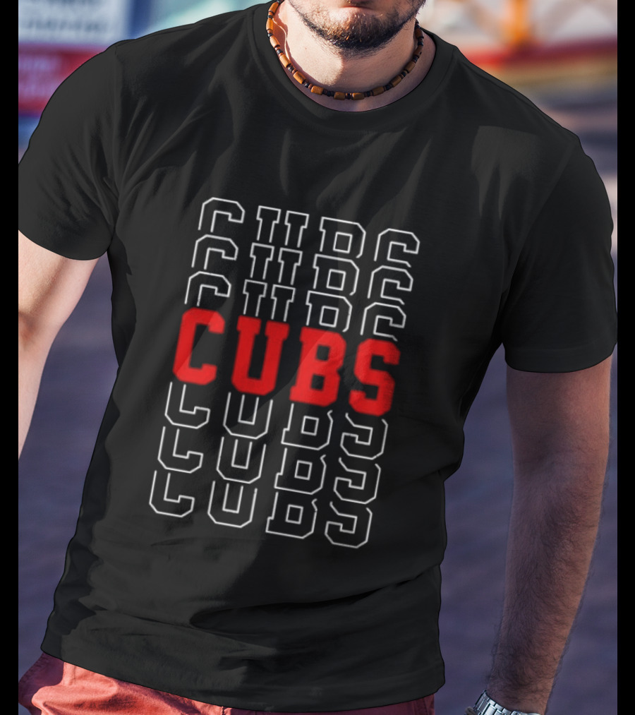 Cubs Sports Bold Red Lettering On Repetitive Block T-Shirt