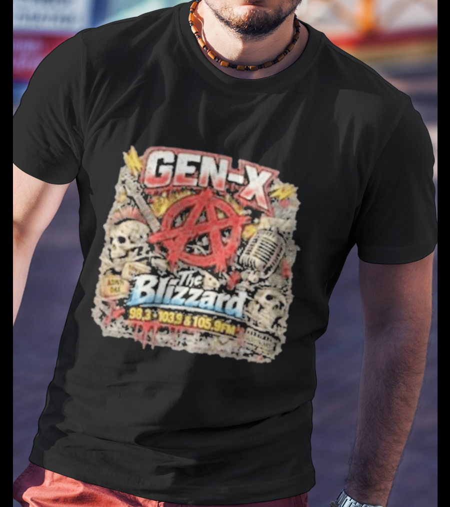 Gen X The Blizzard 98.3 103.9 105.9 FM Anarchy Skulls Microphone T-Shirt