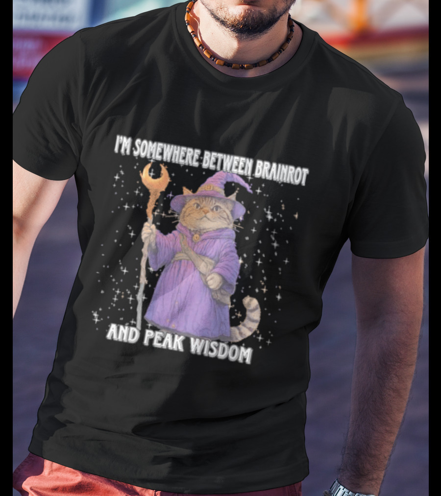 I'm Somewhere Between Brainrot And Peak Wisdom Cat Wizard T-Shirt