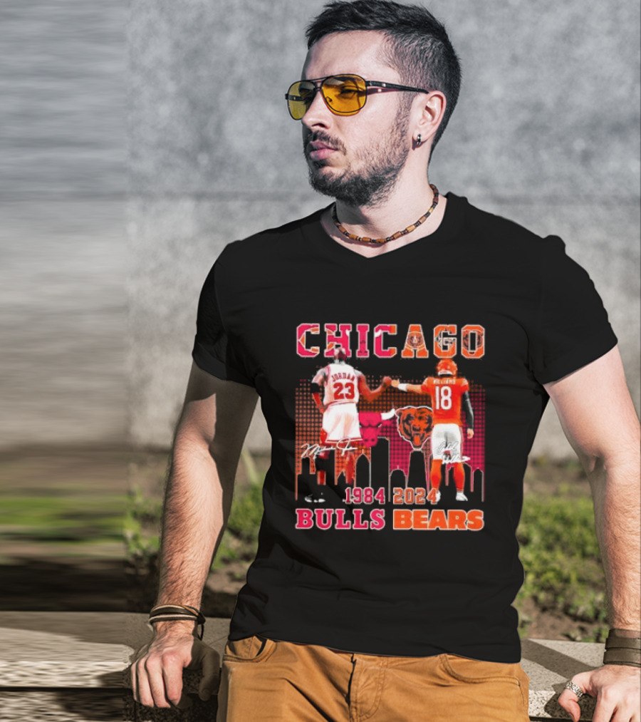 Chicago Bulls Michael Jordan 23 And Chicago Bears Caleb Williams 18 1984 2024 Signatures T-Shirt