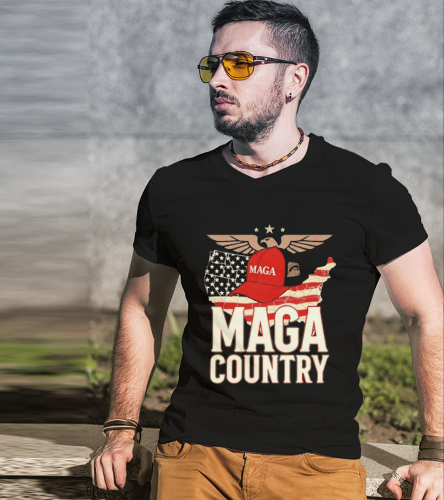 MAGA Country Patriotic USA Map With Red Hat And Eagle Wings T-Shirt