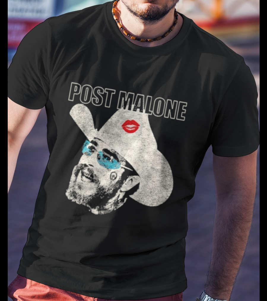 Post Malone Cowboy Hat Kiss Red Lips Blue Sunglasses T-Shirt