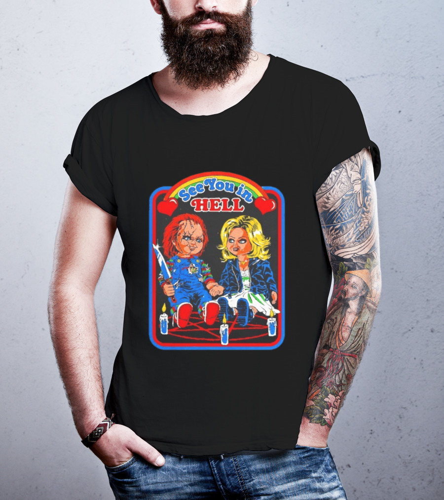 See You In Hell Chucky And Bride Horror Movie Characters Candles T-Shirt