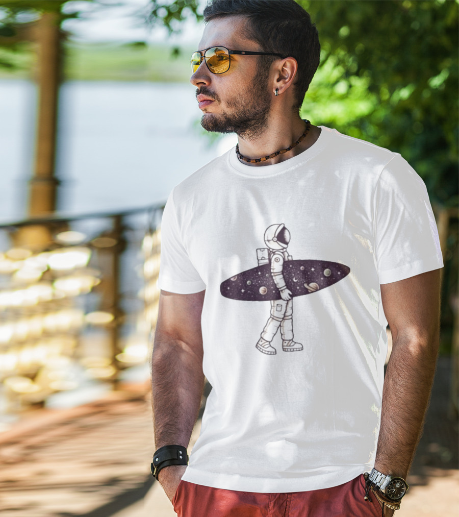 Astronaut Surfer Exploring Cosmic Adventure With Planets And Stars T-Shirt