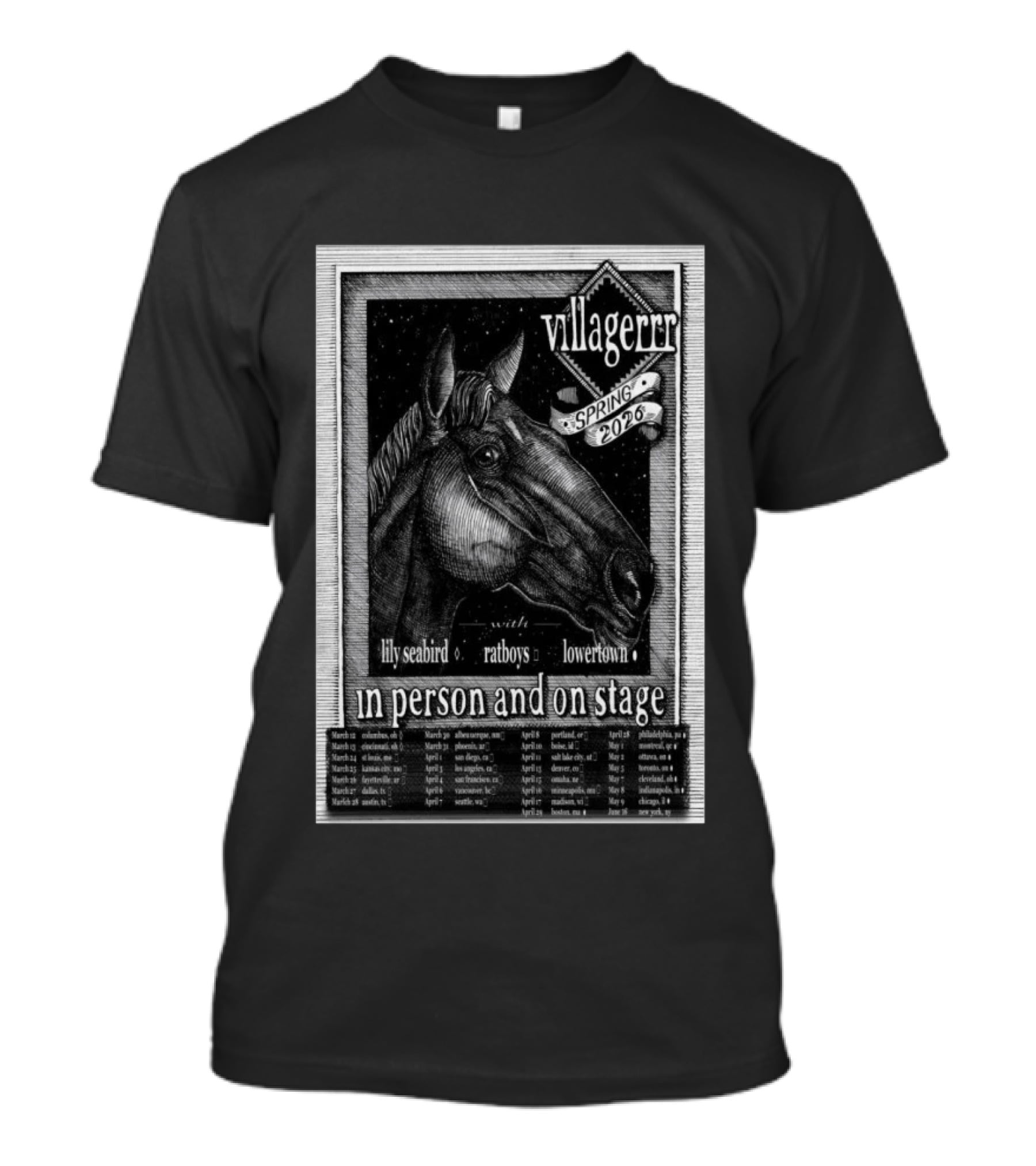 Villagerrr Spring 2026 Tour Horse Illustration With Lily Seabird Ratboys Lowertown T-Shirt