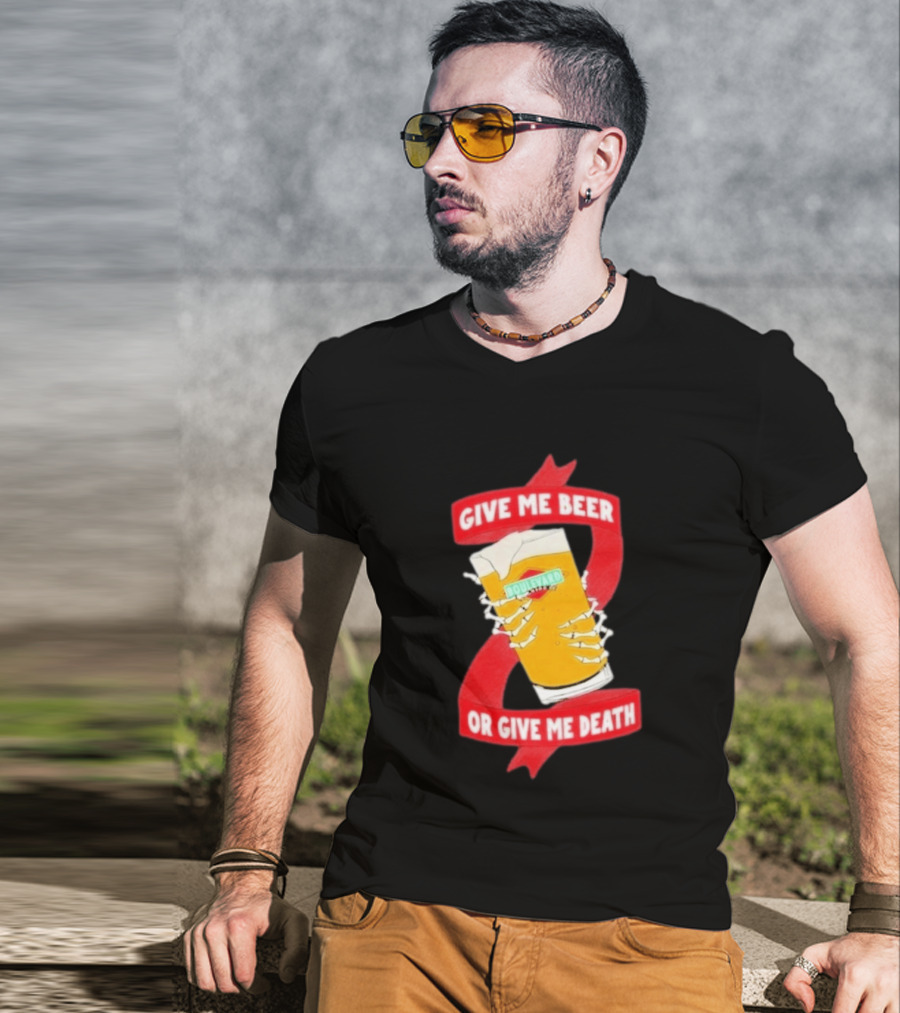 Boulevard Brewing Give Me Beer Or Give Me Death Skeleton Hands Holding Beer Glass T-Shirt