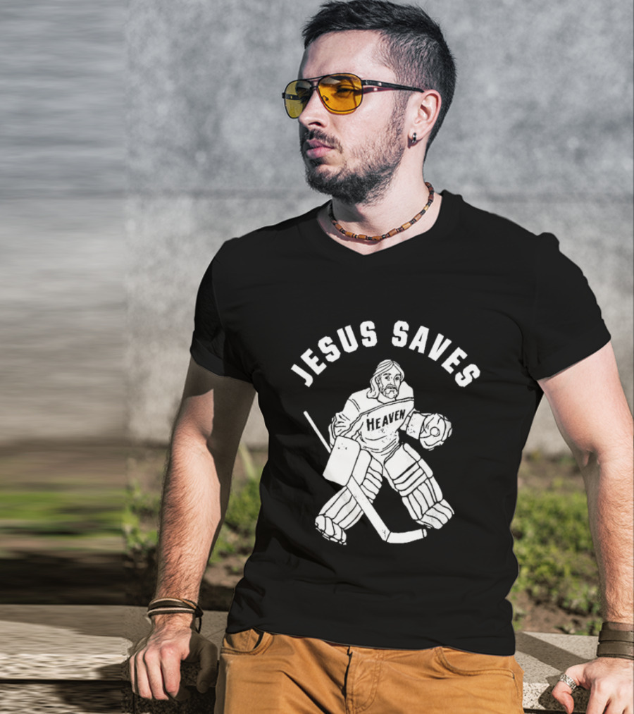 Jesus Saves Hockey Goalie Blocking Puck T-Shirt
