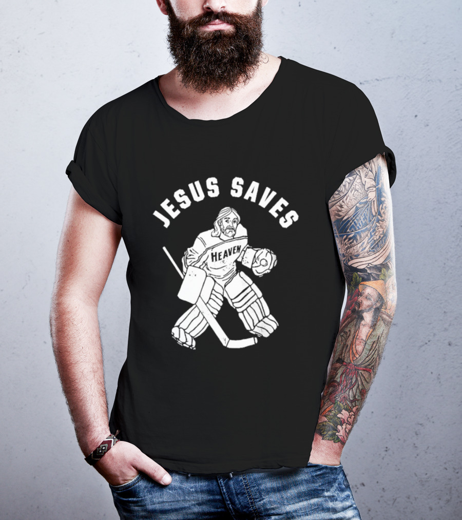 Jesus Saves Hockey Goalie Blocking Puck T-Shirt