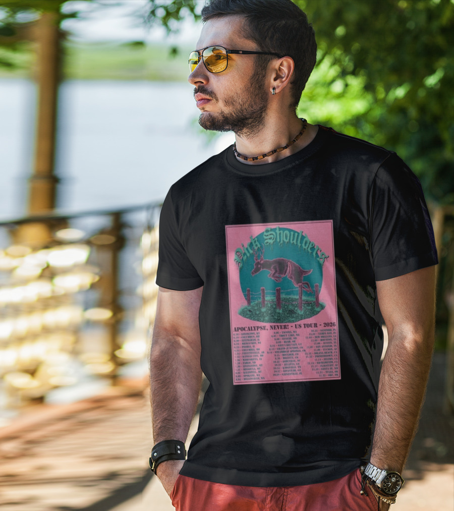 Nick Shoulders Apocalypse Never US Tour 2026 Retro Pink And Teal Leaping Deer Design With Tour Dates T-Shirt