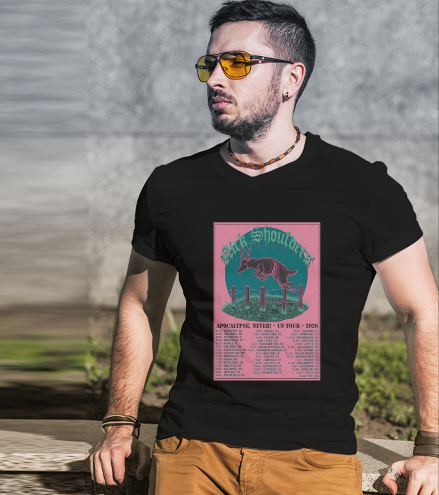 Nick Shoulders Apocalypse Never US Tour 2026 Retro Pink And Teal Leaping Deer Design With Tour Dates T-Shirt