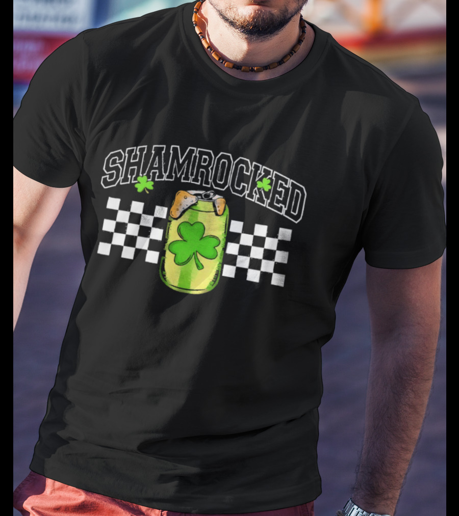 Shamrocked St. Patrick's Day Beer Can Checkerboard Clover USA T-Shirt