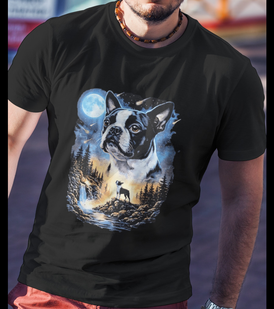 Boston Terrier Howling Moon Night Wilderness Scene T-Shirt