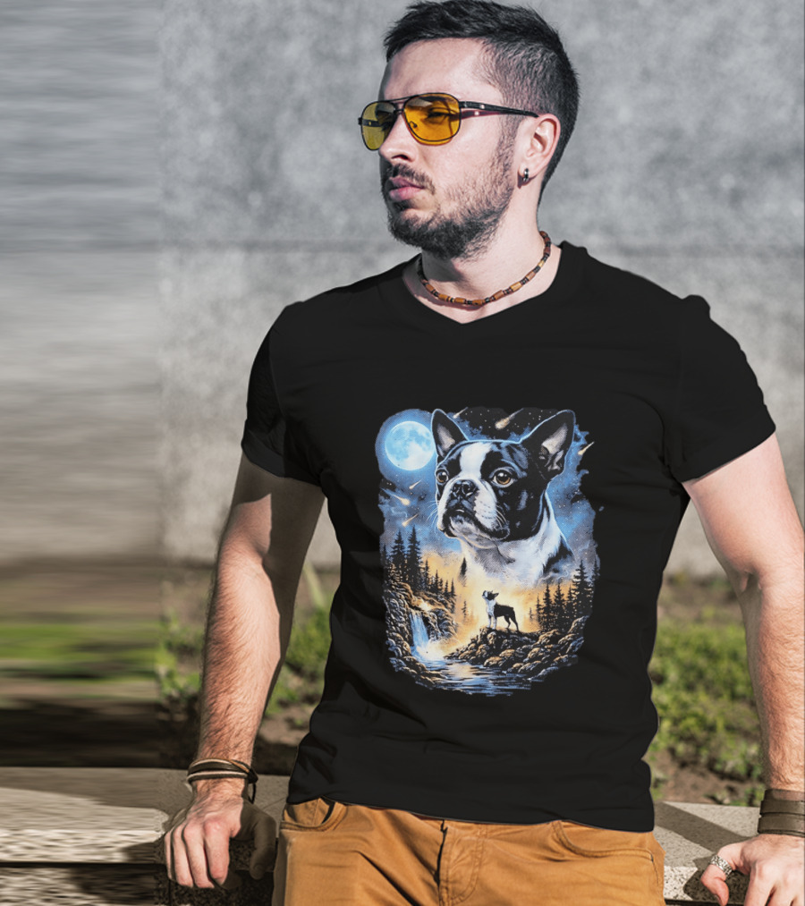 Boston Terrier Howling Moon Night Wilderness Scene T-Shirt