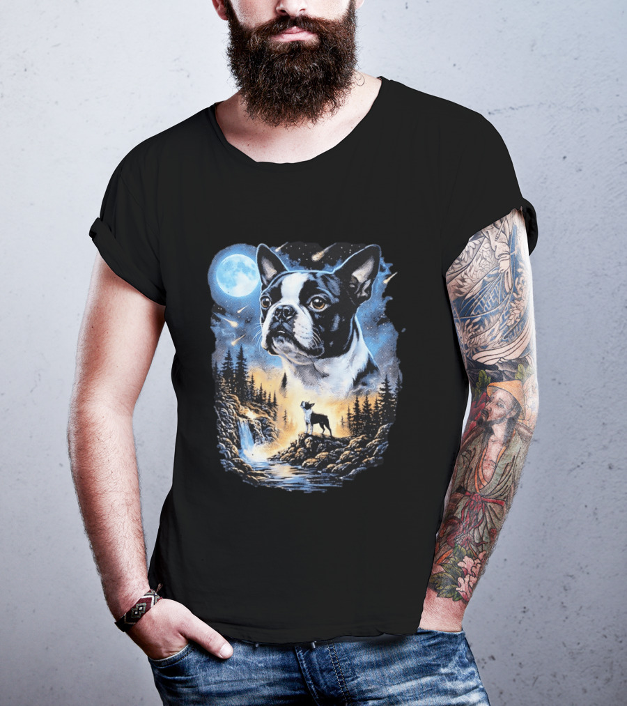 Boston Terrier Howling Moon Night Wilderness Scene T-Shirt