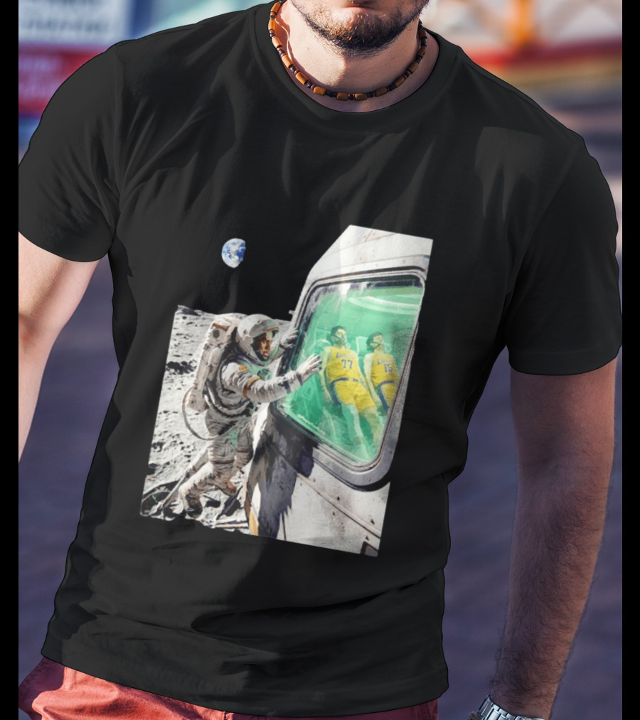 LeBron James Lakers Alone In Space Astronaut Scene With Number 77 And 15 In Spaceship T-Shirt